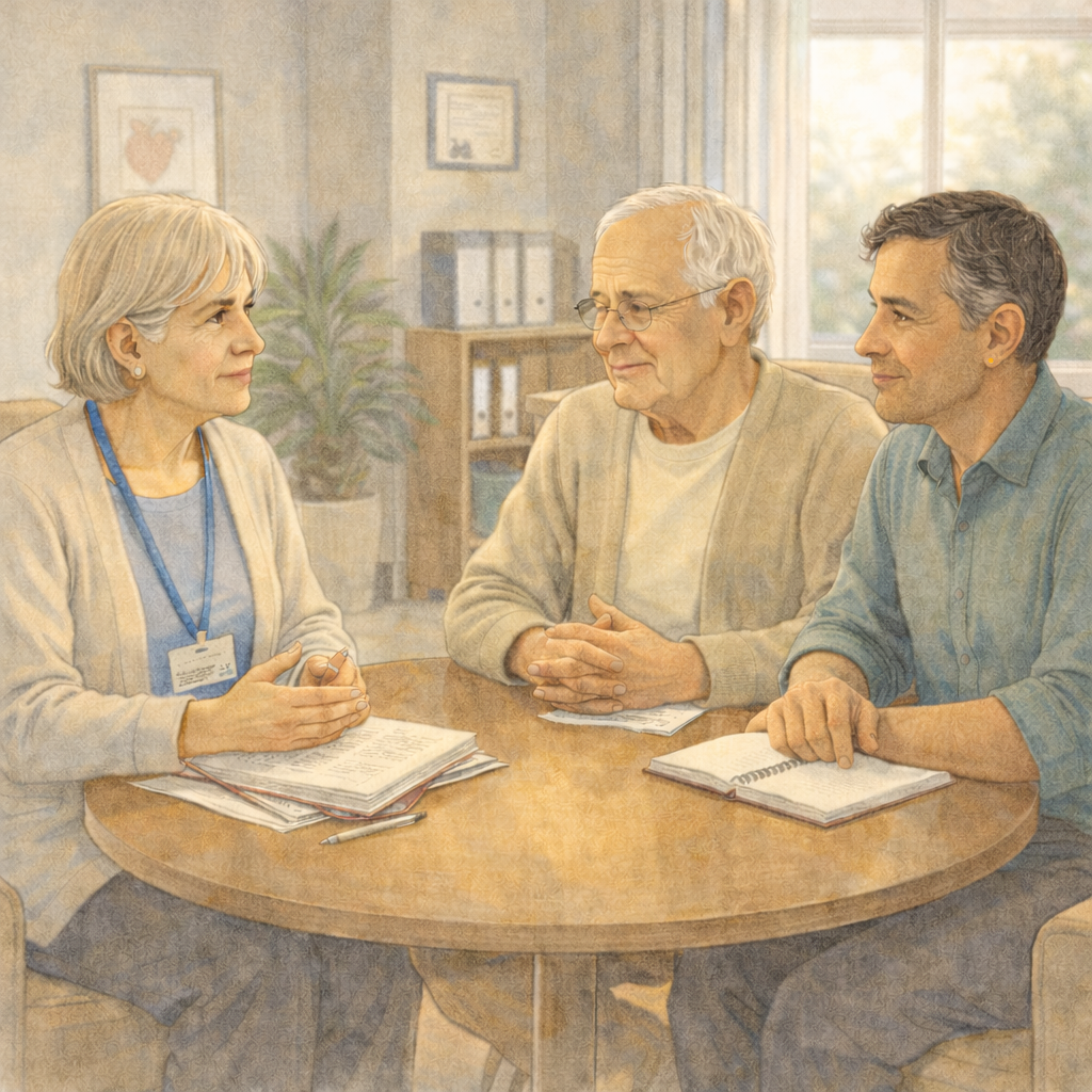 Illustration care manager with care recipient and adult child